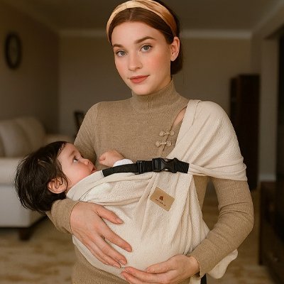 bébé porté en écharpe beige couché sur dos