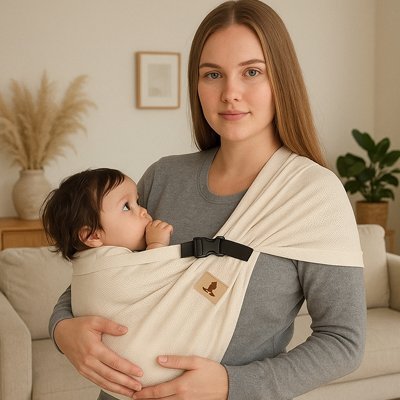 bebe porte en écharpe beige poupon sur côté