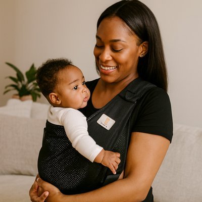 bébé porté en écharpe noir avec poupon devant