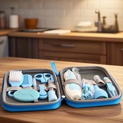 bebe trousse de toilette bleu océan trousse ouverte sur comptoir 