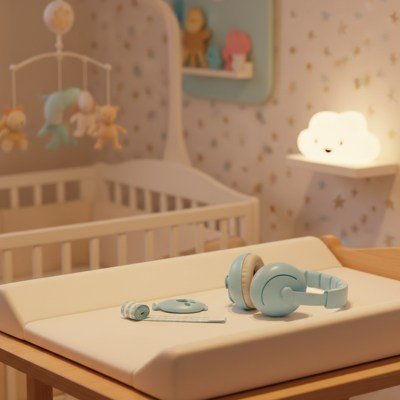 casque anti bruit bébé bleu ciel sur table langer