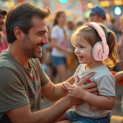 casque anti bruit bébé rose tendre fillette avec papa