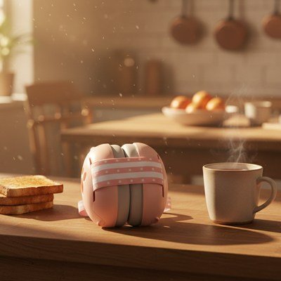 casque antibruit bébé rose sur table cuisine