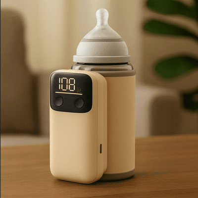 chauffe biberon nomade sur table de salon avec plante verte