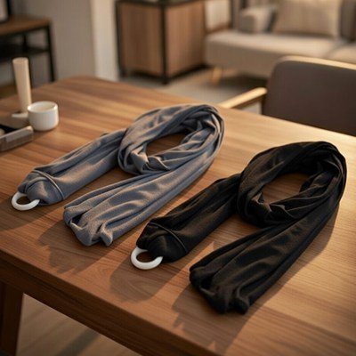 écharpe de portage bébé noire et gris anthracite sur table