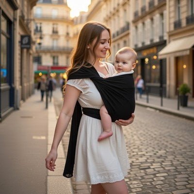 écharpe de portage bébé noire promenade en ville