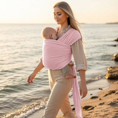écharpe porte bébé rose tendre plage
