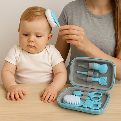 maman brosse cheveux bébé avec trousse de soin bebe