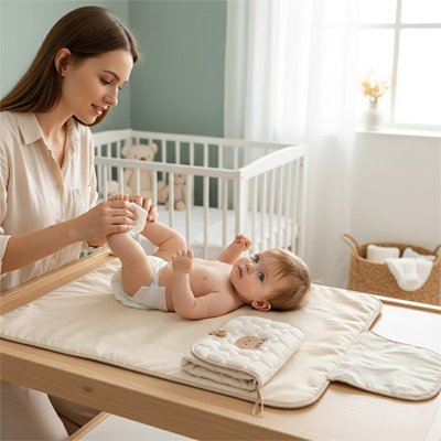 Maman change bébé sur  table avec tapis à langer nomade 