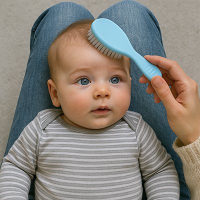 maman utilise brosse bleu trousse de soin bebe avec poupon