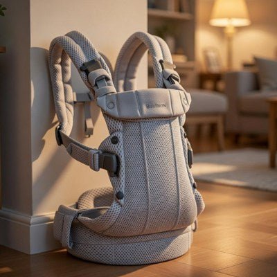 porte bébé baby bjorn gris argent mur