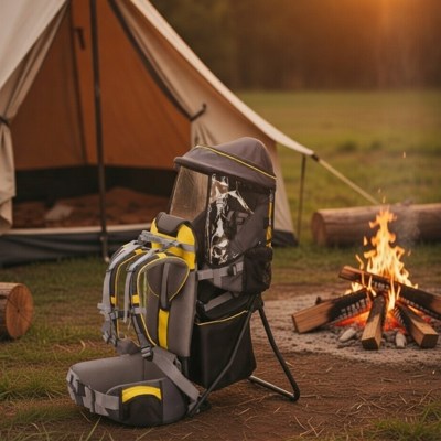 porte bébé gris et jaune camping sauvage