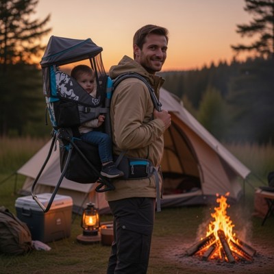 porte bébé gris et turquoise papa feu de camp