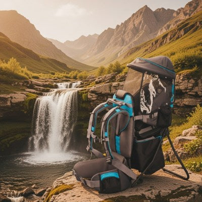 porte bébé gris et turquoise près une cascade