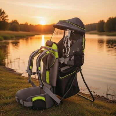 porte bébé gris et vert lime près lac