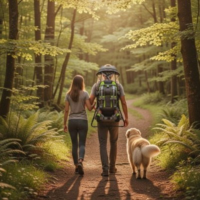 porte bébé gris vert lime famille et chien en forêt