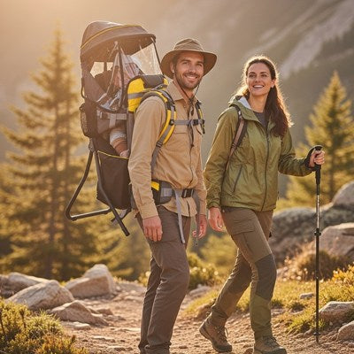 porte bébé randonnée gris et jaune famille en montagne