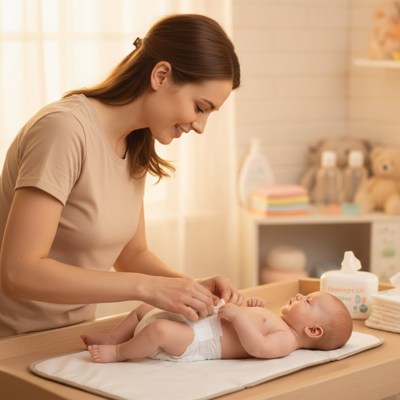 tapis à langer beige maman chambre bébé