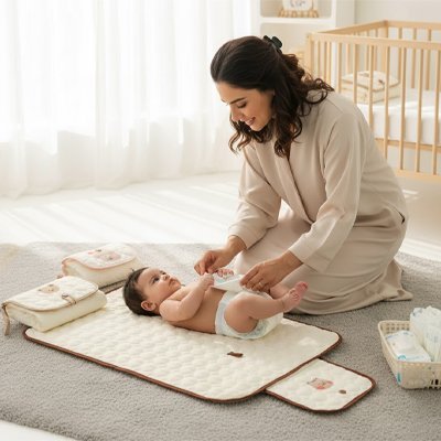 tapis à langer nomade maman change bébé au sol