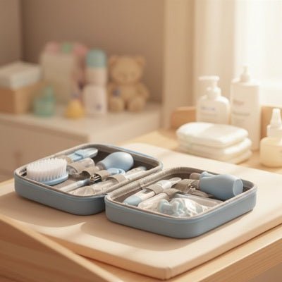 trousse de toilette bebe bleu déposé sur table à langer