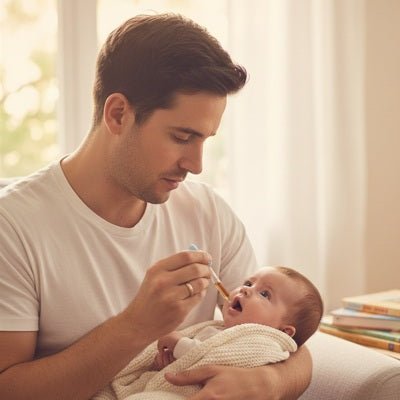 trousse de toilette bébé papa donne médication bébé 